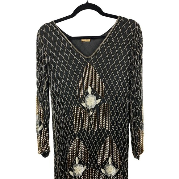 Vintage 100% Silk Beaded Dress Size M - Picture 4 of 10